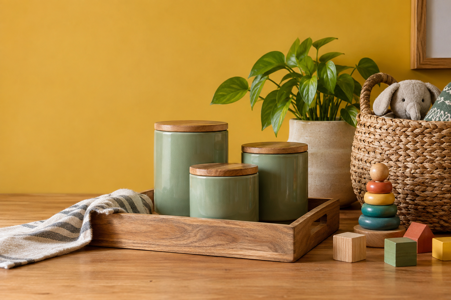 Kitchen storage and colourful wooden toys arranged in a cheerful sunlit home